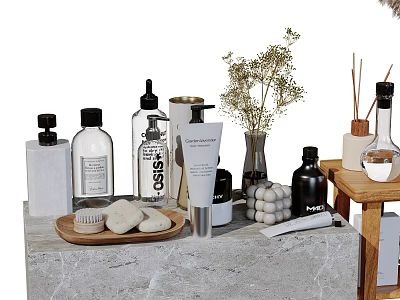 Stylish Bathroom Accessories with Bottles Soap Dish Stones Aromatherapy Dried Flowers on Marble Countertop 3d model