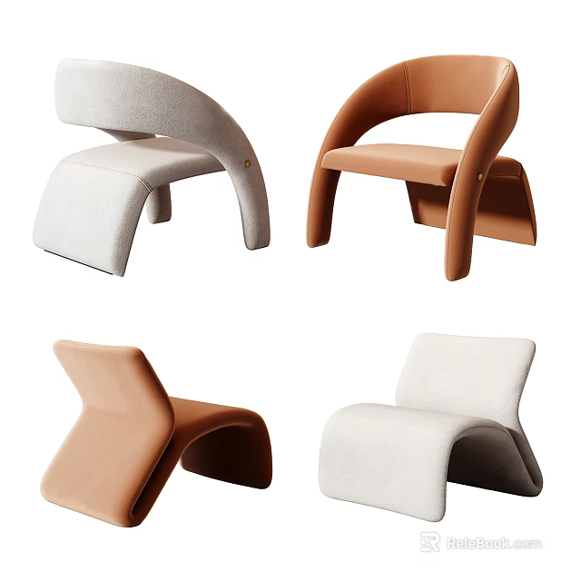 Four Modern Minimalist Leisure Chairs With Curved Design In White And Brown 3d model 