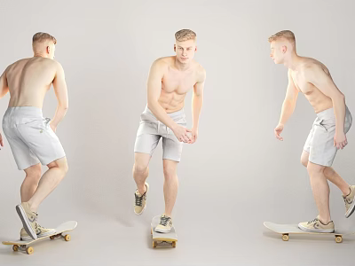 Shirtless Man In White Shorts Performing Skateboard Tricks On Gray Background 3d model Shirtless Man In White Shorts Performing Skateboard Tricks On Gray Background 3d model