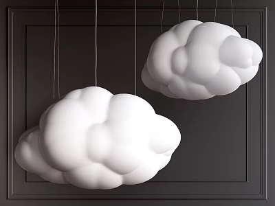 Two White Cloud Shaped Chandeliers Hanging On Dark Colored Wall 3d model