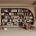 Modern Minimalist Room Interior With Large Curved Bookshelf Filled With Books And Armchair