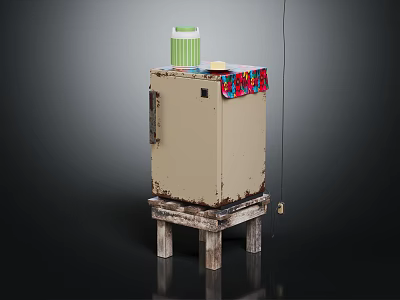 Old Rusty Refrigerator Freezer On Wooden Stand With Green Cup And Colorful Cloth 3d model