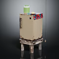 Old Rusty Refrigerator Freezer On Wooden Stand With Green Cup And Colorful Cloth