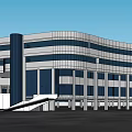 Modern Office Building With Glass Facade Circular Logo Front Columns And Design