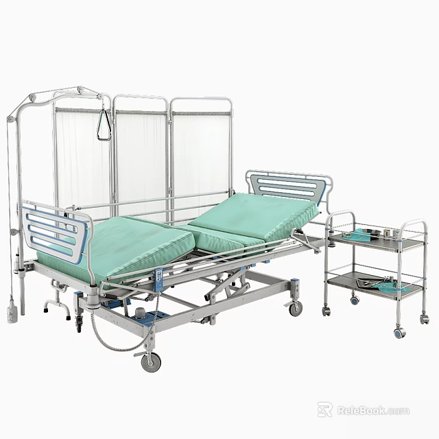 Mobile Medical Bed With Wheels Green Mattress And Metal Frame Side Table 3d model 