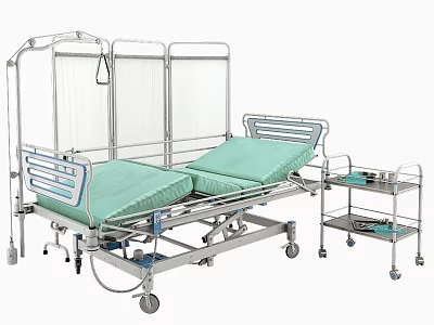 Mobile Medical Bed With Wheels Green Mattress And Metal Frame Side Table 3d model