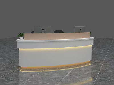Modern White Curved Reception Desk With LED Strip Lighting Two Computers And Potted Plants 3d model