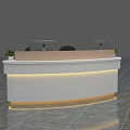 Modern White Curved Reception Desk With LED Strip Lighting Two Computers And Potted Plants 3d model
