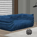Blue Two Seater Sofa Plush Puffed Design With Window Blinds Floor Lamp And Knitted Rug