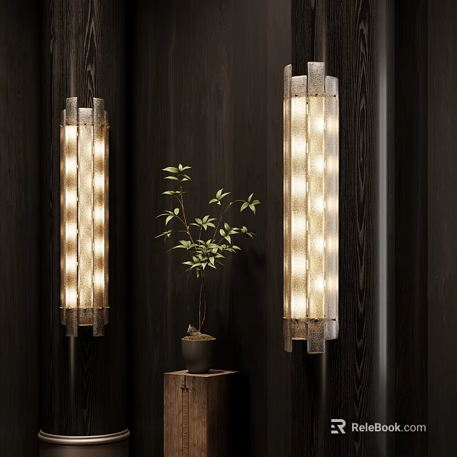Modern Wall Lamps on Dark Wooden Wall with Warm Light and Green Plant Decoration 3d model 