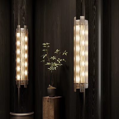 Modern Wall Lamps on Dark Wooden Wall with Warm Light and Green Plant Decoration 3d model