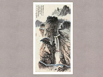 Chinese Decorative Painting Akiyama Waterfall View Picture Zhang Daqian Landscape Painting Wall Decoration Painting 3d model
