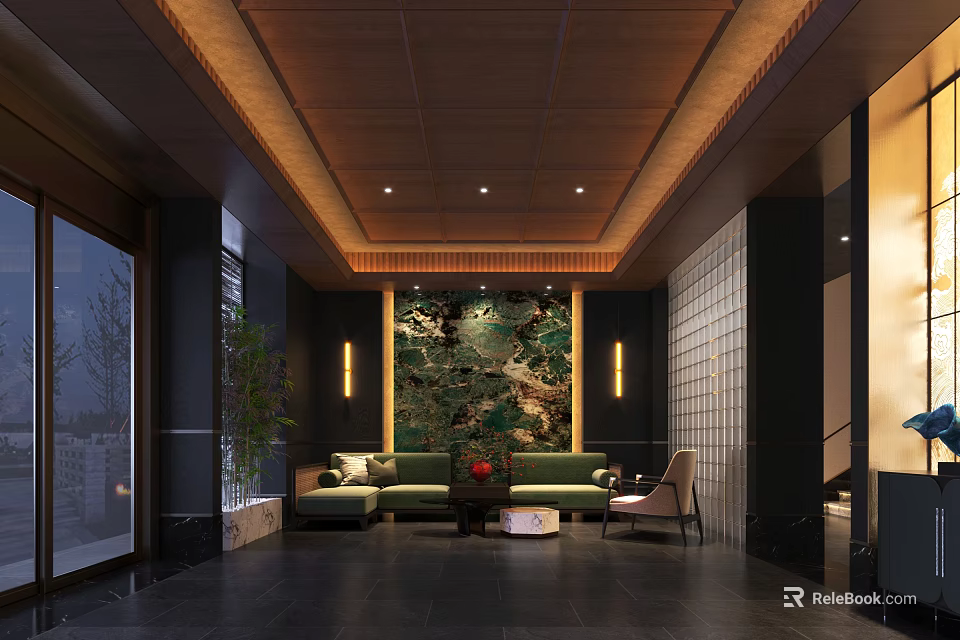 Modern Elegant Clubhouse Lobby With Sofa Seating And Green Decorative Wall 3d model 