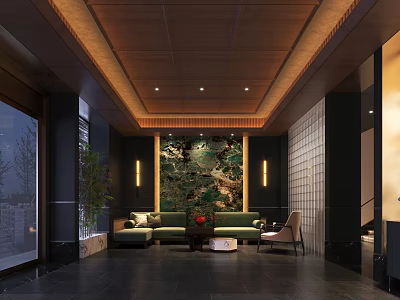 Modern Elegant Clubhouse Lobby With Sofa Seating And Green Decorative Wall 3d model