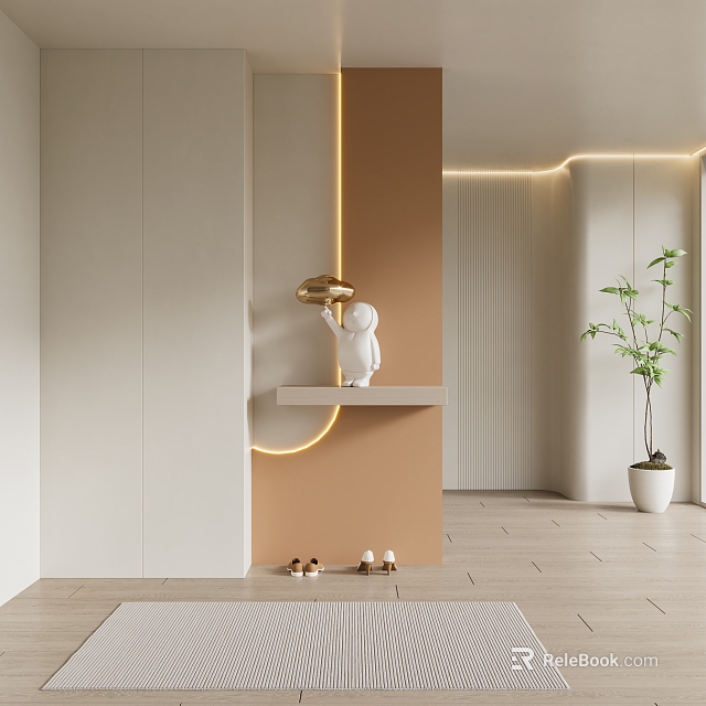 Modern Minimalist Entryway With Linear Lighting Figurine Shoes And Plant 3d model 