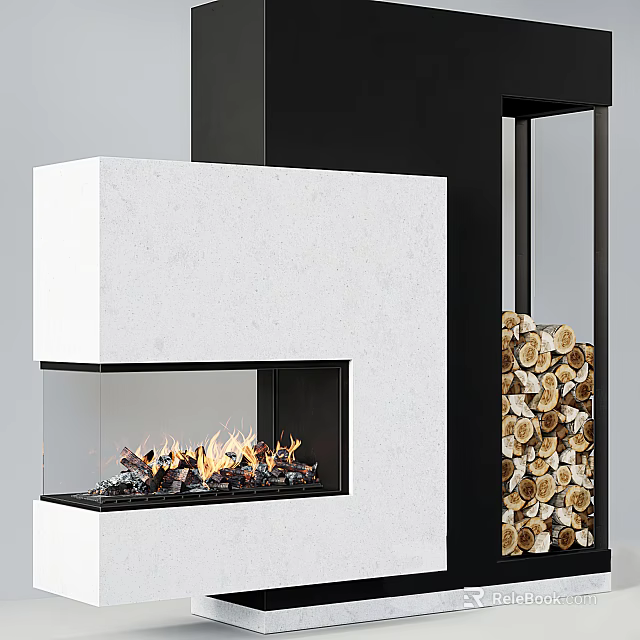 Modern White Stone Fireplace With Burning Flames Glass Front And Stacked Firewood 3d model 