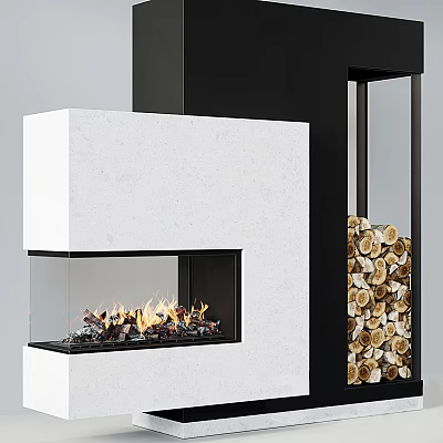 Modern White Stone Fireplace With Burning Flames Glass Front And Stacked Firewood 3d model