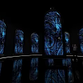 Stunning Museum Interior With Blue Patterned Glass Windows And Reflective Floor Design 3d model