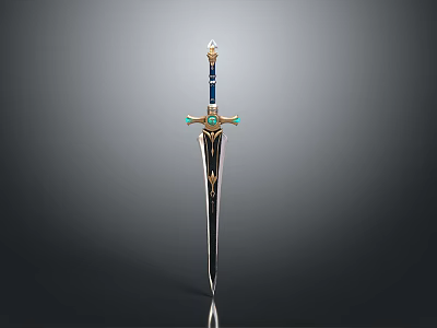 Decorative Sword With Golden Hilt Green Gemstone And Black Blade Design 3d model