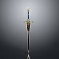 Decorative Sword With Golden Hilt Green Gemstone And Black Blade Design