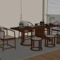 Traditional Chinese Dark Wooden Tea Table and Chairs With Tea Set Stools on Striped Rug