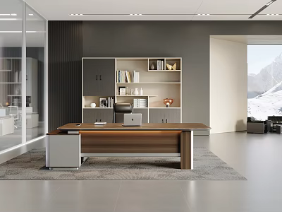 Modern Public Office Space Interior With Wooden Desk Bookshelf And Mountain View 3d model