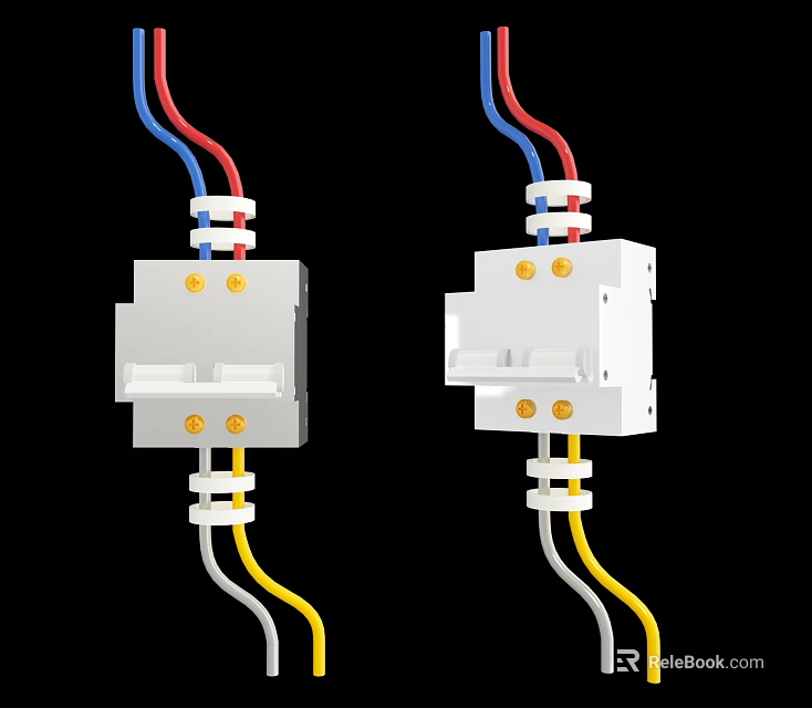 Industrial Equipment White Electrical Terminal Blocks With Yellow Screws Blue Red Yellow Gray Wires 3d model 