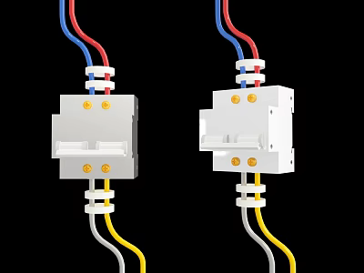 Industrial Equipment White Electrical Terminal Blocks With Yellow Screws Blue Red Yellow Gray Wires 3d model