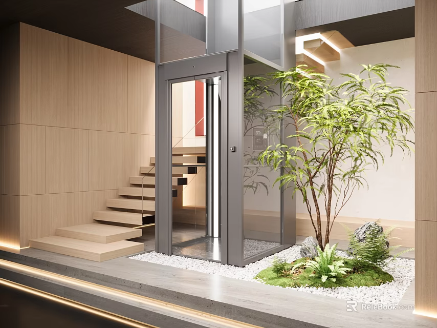 Modern Designed Elevator Lobby With Wooden Walls Staircase And Greenery 3d model 
