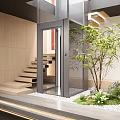 Modern Designed Elevator Lobby With Wooden Walls Staircase And Greenery