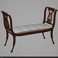 Classic Wooden Bench Featuring Carved Armrests And Striped Upholstered Seat Cushion