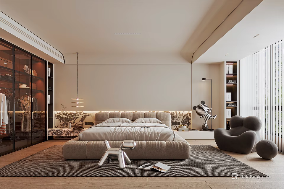 Modern Bedroom Interior Design With Comfortable Bed Stylish Armchair And Soft Area Rug 3d model 