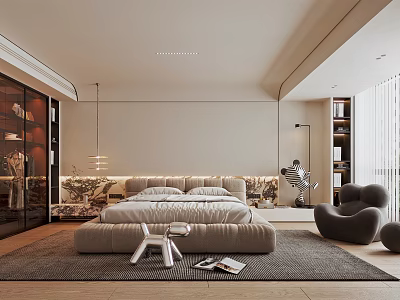 Modern Bedroom Interior Design With Comfortable Bed Stylish Armchair And Soft Area Rug 3d model