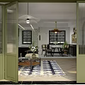 Dining Living Room Interior With Patterned Wallpaper Green Walls Arched Doorway And Wooden TV Cabinet