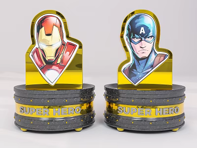 Super Hero Themed Figurines Featuring Iron Man And Captain America With Golden Bases 3d model