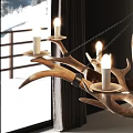 Modern Dining Table Set With Beige Chairs Branch Chandelier Snowy Mountain View Through Window