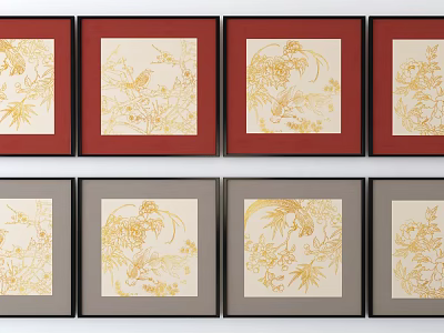 Botanical Paintings with Golden Plant Patterns in Red and Gray Frames 3d model