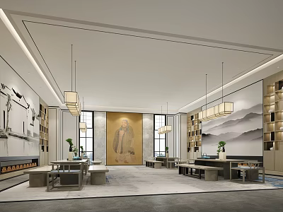 Elegant Modern Chinese Tea House Interior Featuring Pendant Lights Tables Artwork And Green Plants 3d model