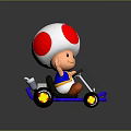 Cute Mushroom Head Doll Riding Blue Go Kart With Waving Hand And Red White Hat
