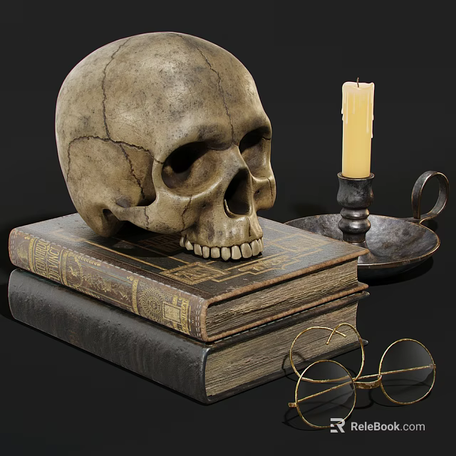 Decorative Ornament Set Featuring Skull Old Books Candle Holder and Glasses 3d model 