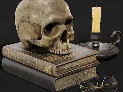 Decorative Ornament Set Featuring Skull Old Books Candle Holder and Glasses 3d model
