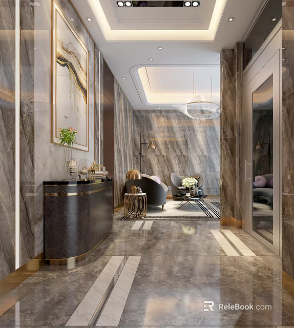 Elegant Entryway Hall With Marble Walls Decorative Art Console Table And Chandelier 3d model 