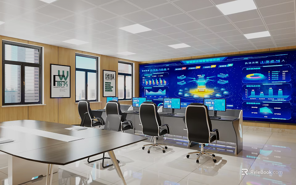Modern Monitoring Room Interior With Large Blue Screen Charts Data Desks And Office Chairs 3d model 
