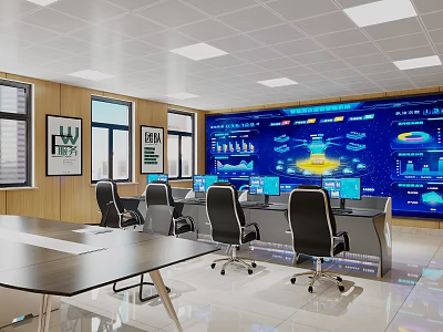 Modern Monitoring Room Interior With Large Blue Screen Charts Data Desks And Office Chairs 3d model