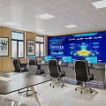 Modern Monitoring Room Interior With Large Blue Screen Charts Data Desks And Office Chairs