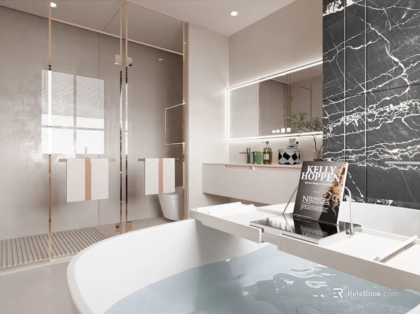 Elegant Modern Luxury Bathroom Interior Design With Marble Wall Bathtub And Vanity 3d model 