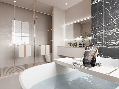 Elegant Modern Luxury Bathroom Interior Design With Marble Wall Bathtub And Vanity 3d model