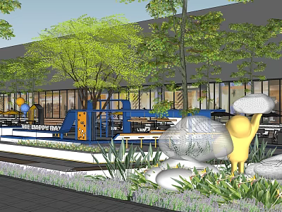 Outdoor Children Playground Near Glass Building With Trees Play Equipment And Yellow Figure 3d model