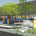Outdoor Children Playground Near Glass Building With Trees Play Equipment And Yellow Figure