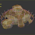Dual Dome Structure With Brown Beige Textured Surface And Wooden Support Poles